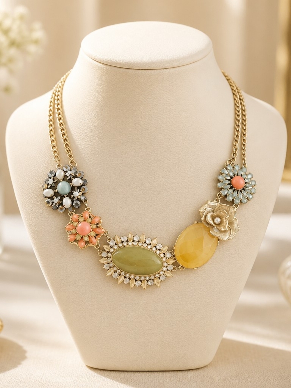 Gold Floral Multi-Stone Statement Necklace - Coral, Yellow & Green